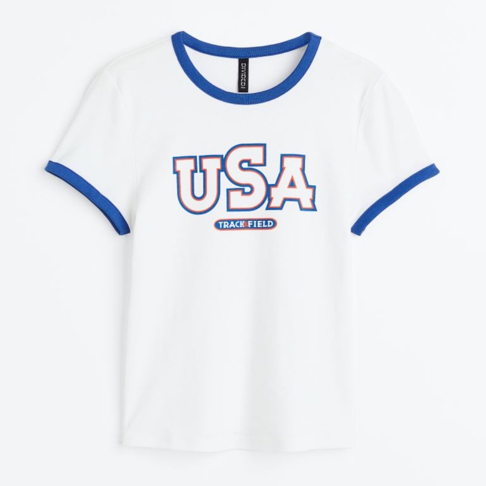 H&M, fitted cotton top, Small, White/bright blue/orange, USA.